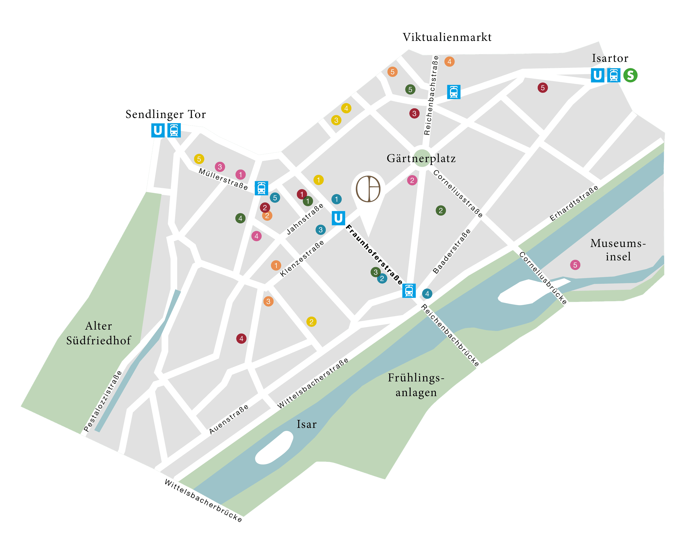 Karte des Glockenbachviertels mit eingezeichneten Hotspots, dem Glockenhofer in der Fraunhoferstraße, dem Gärtnerplatz, der Isar und den angrenzenden Vierteln