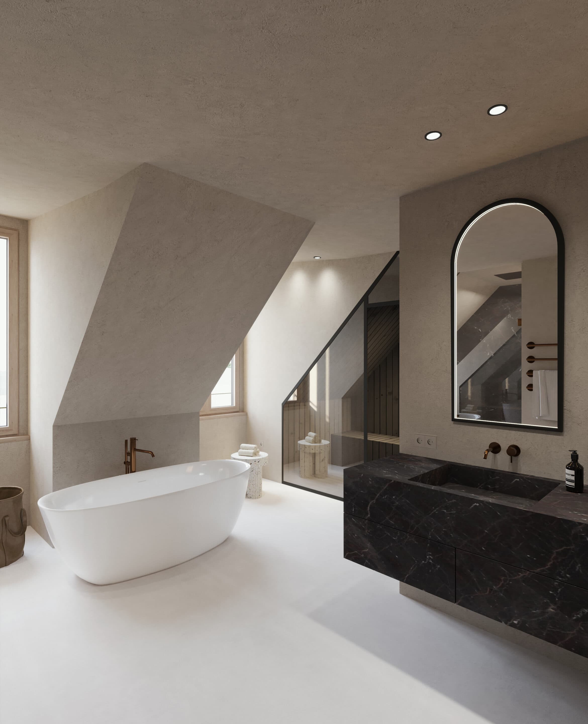 Dachgeschossbad mit freistehender Wanne, Kupferarmaturen und Blick in die Sauna