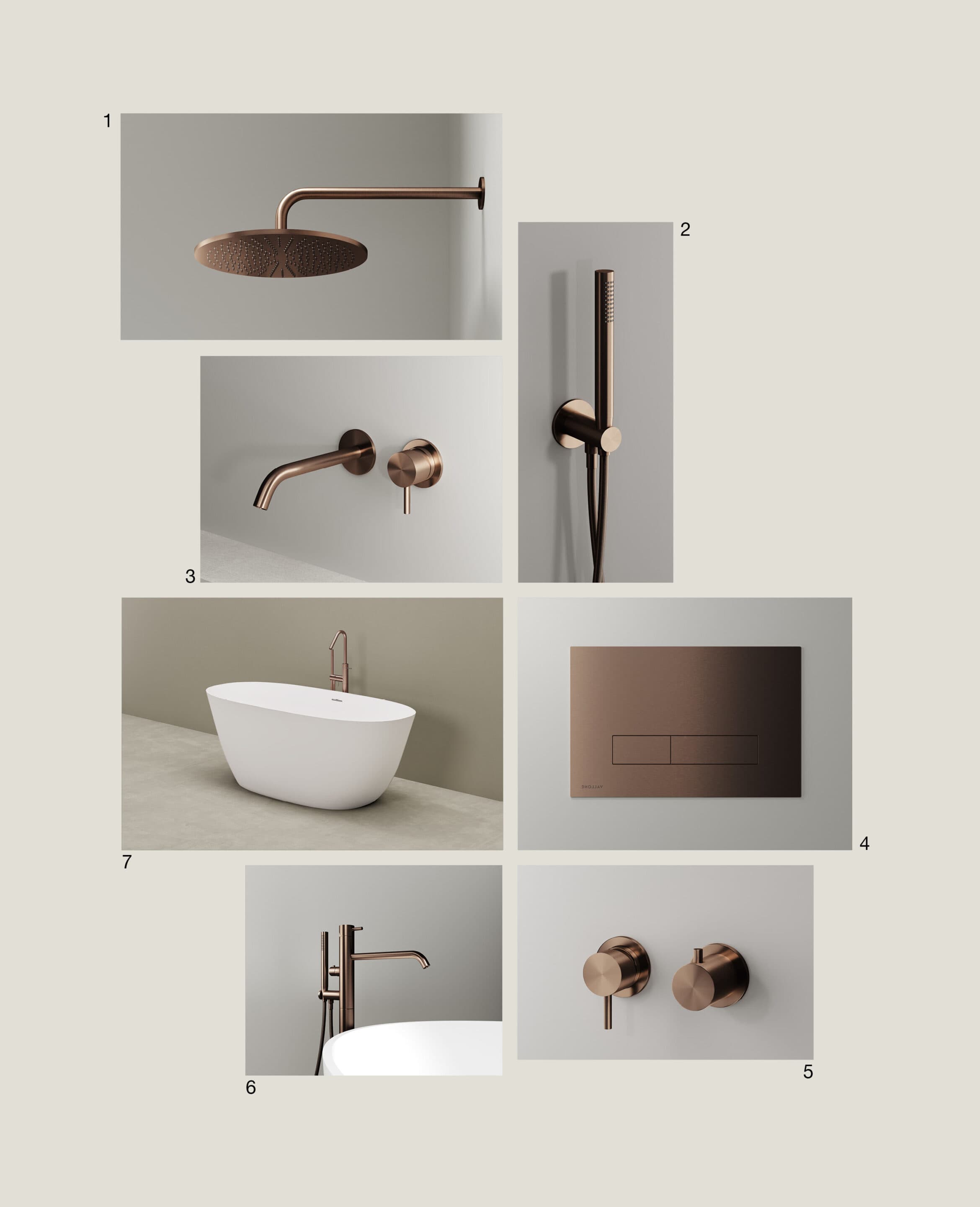 Materialtafel mit Regendusche, Handbrause-Set, freistehender Wanne mit Armatur, Wandarmatur und Drückerplatte in Kupfer