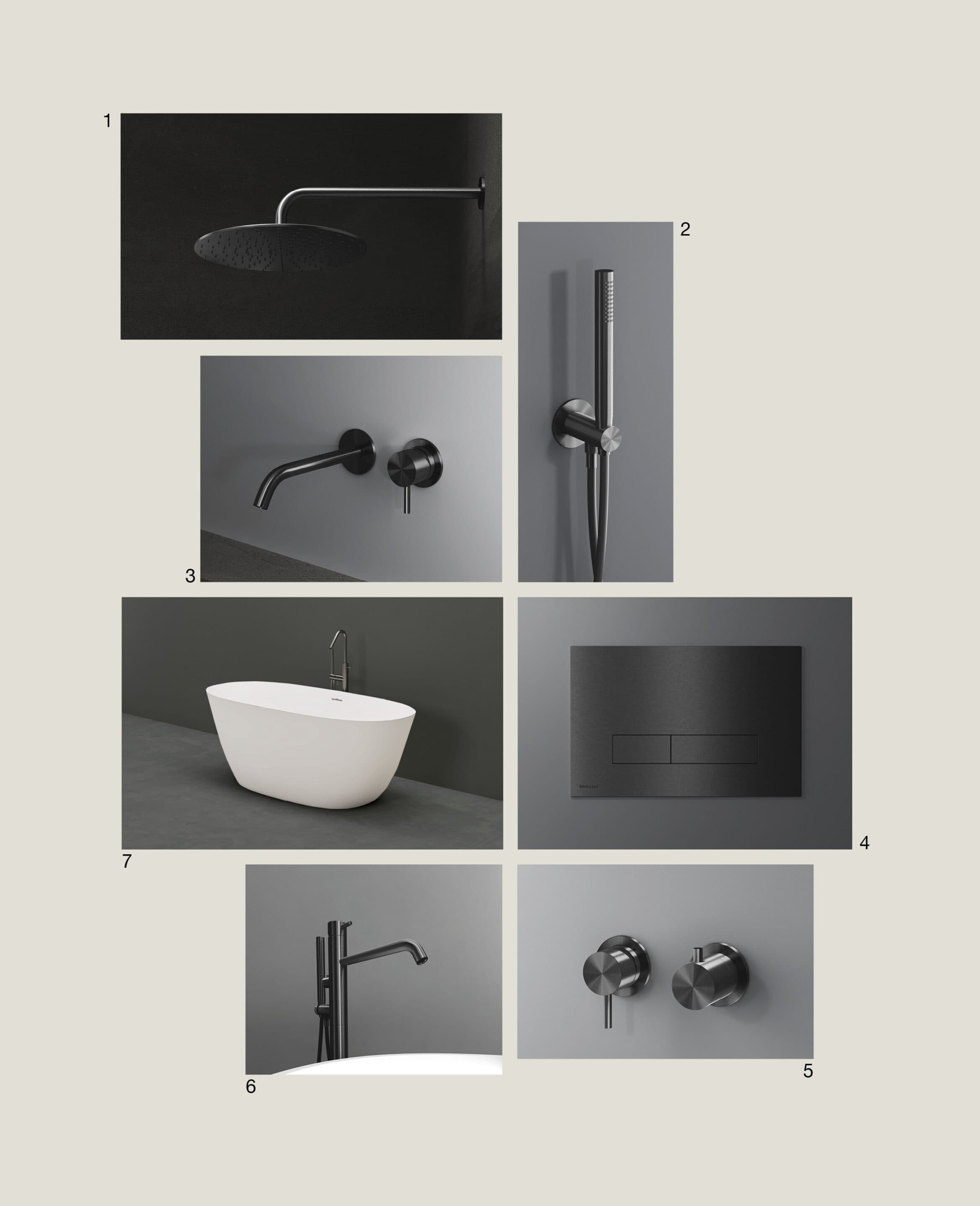 Materialtafel mit Regendusche, Handbrause-Set, freistehender Wanne mit Armatur, Wandarmatur und Drückerplatte in Schwarz