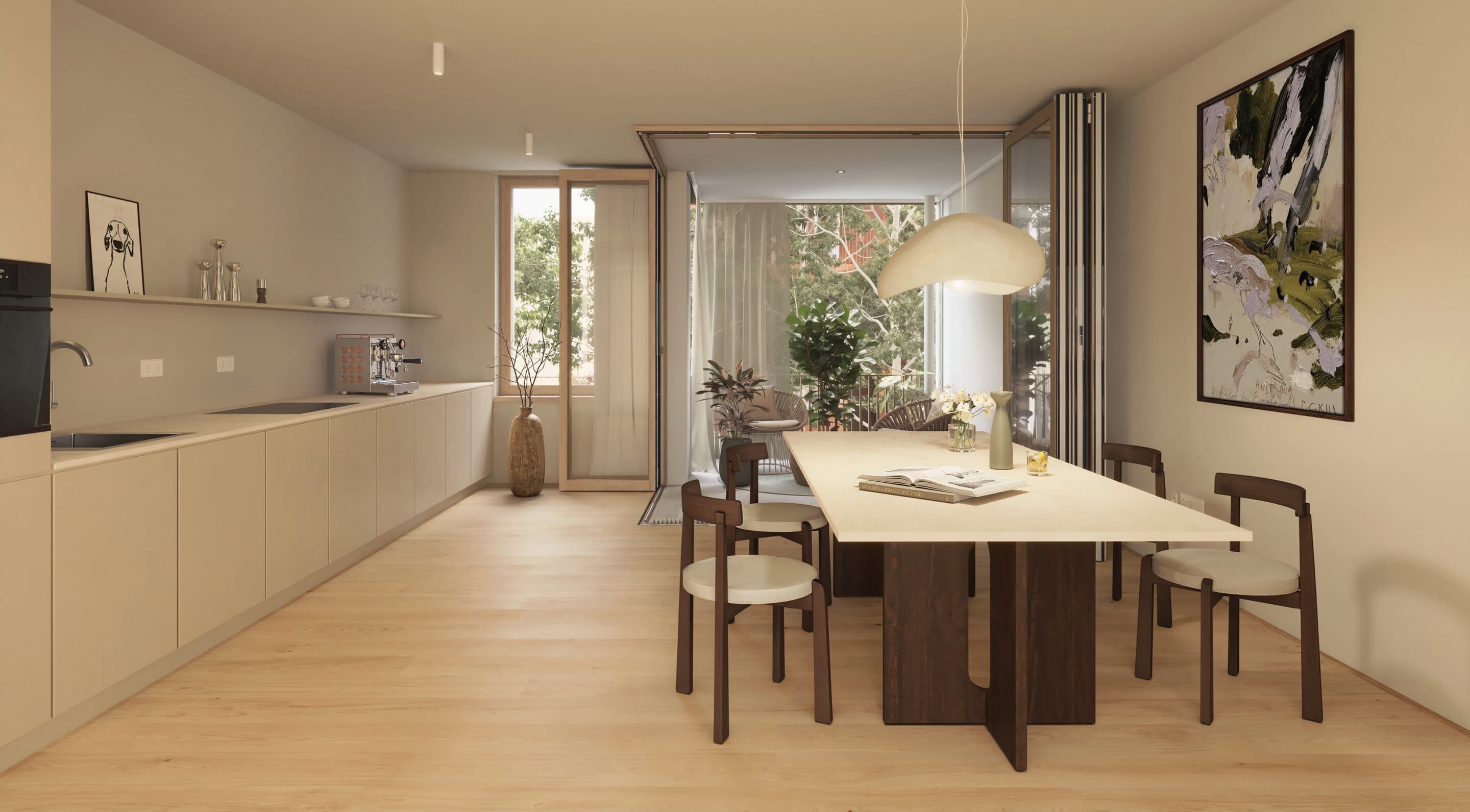 Offene Küche mit Kochinsel und Blick in den Essbereich, Beispielwohnung 18 im Stadthaus