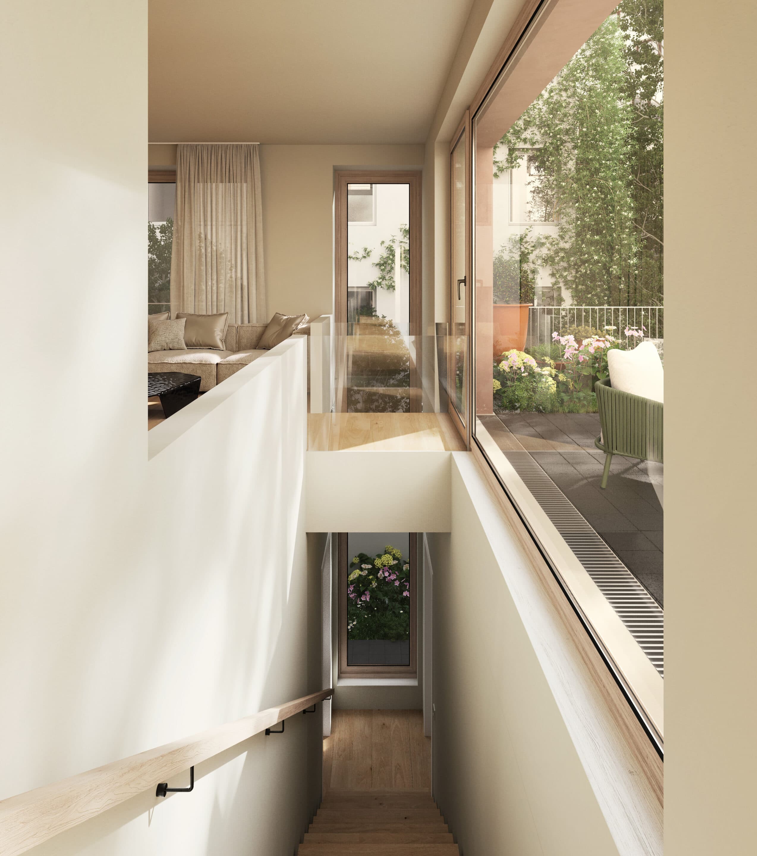 Gartenmaisonette mit Blick vom Erdgeschoss auf die Terrasse und den Privatgarten