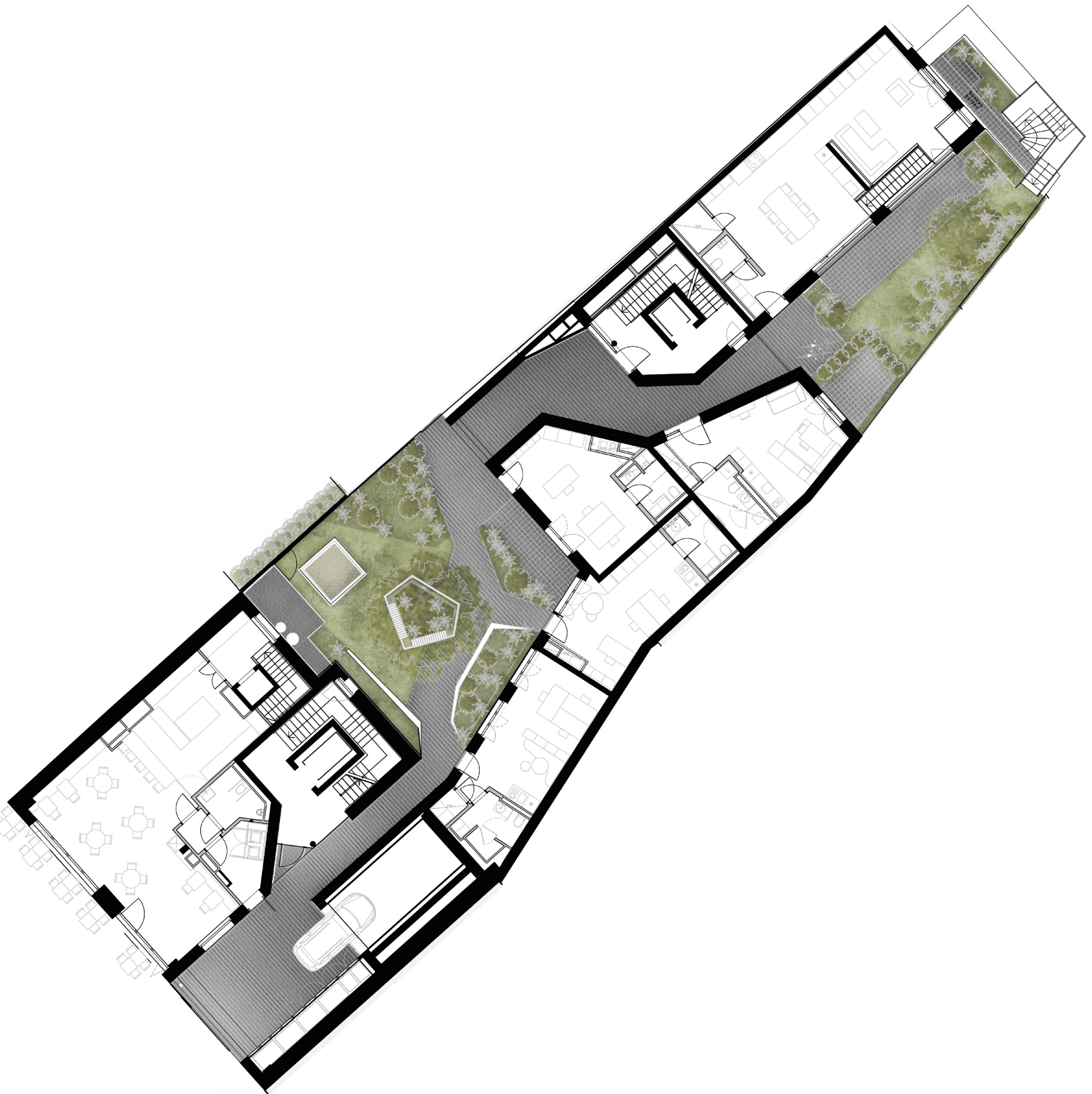 Freiflächenplan des Glockenhofer: Stadthaus, Entrée, Innenhof, Hofhaus, Atelierhaus und Terrassenhaus entlang der Fraunhoferstraße