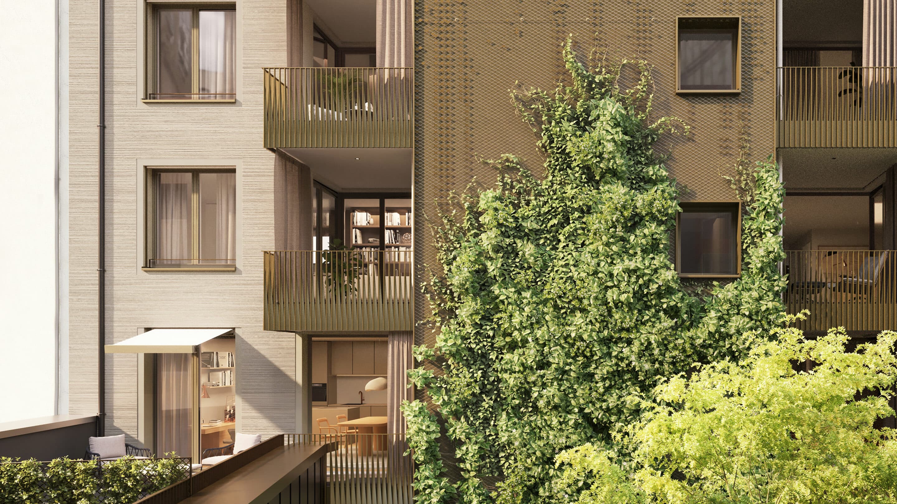 Balkone mit Efeubegrünung zwischen den Fassaden des Innenhofs